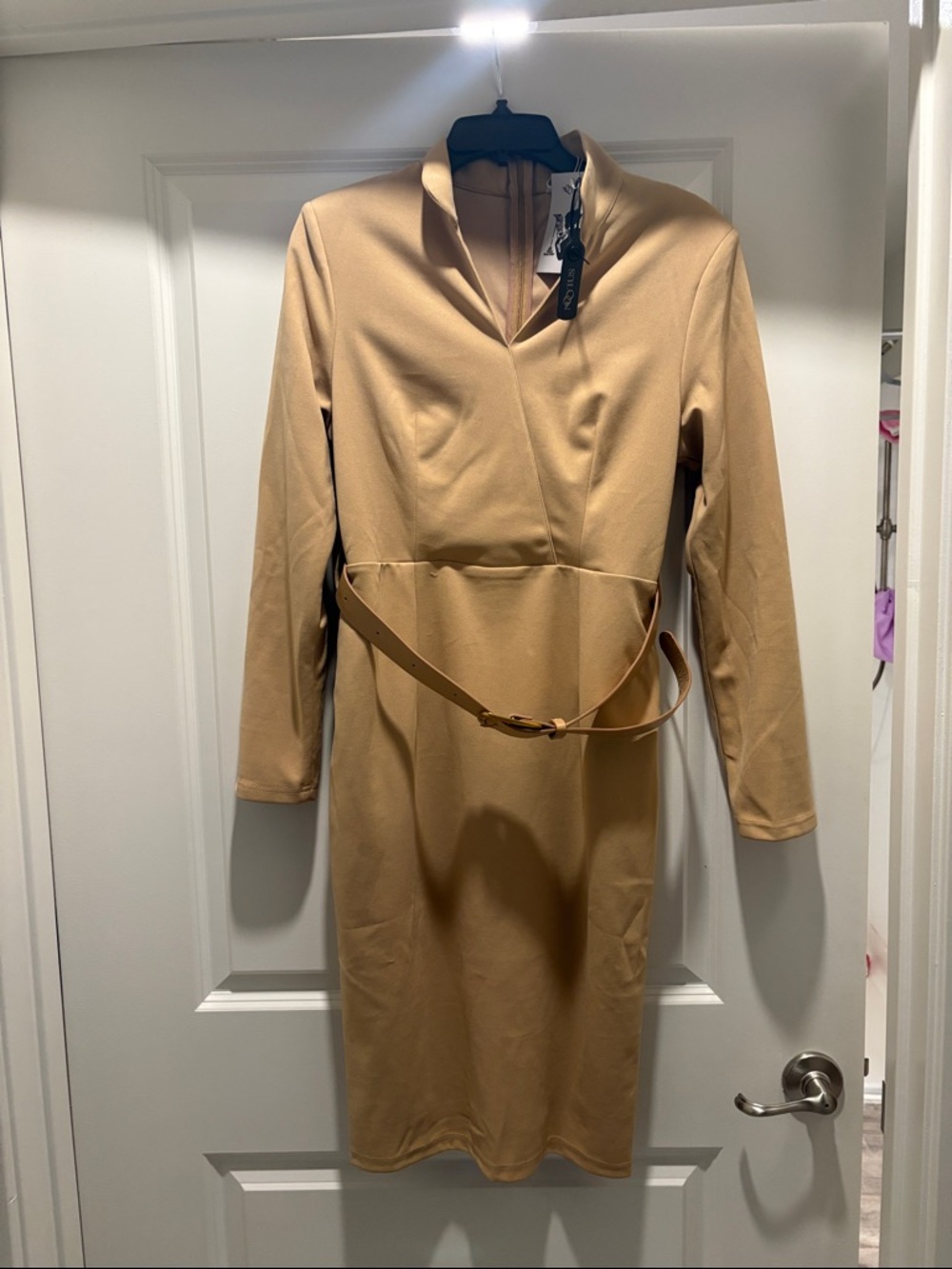 Long-Sleeve Camel Belted Sheath Dress